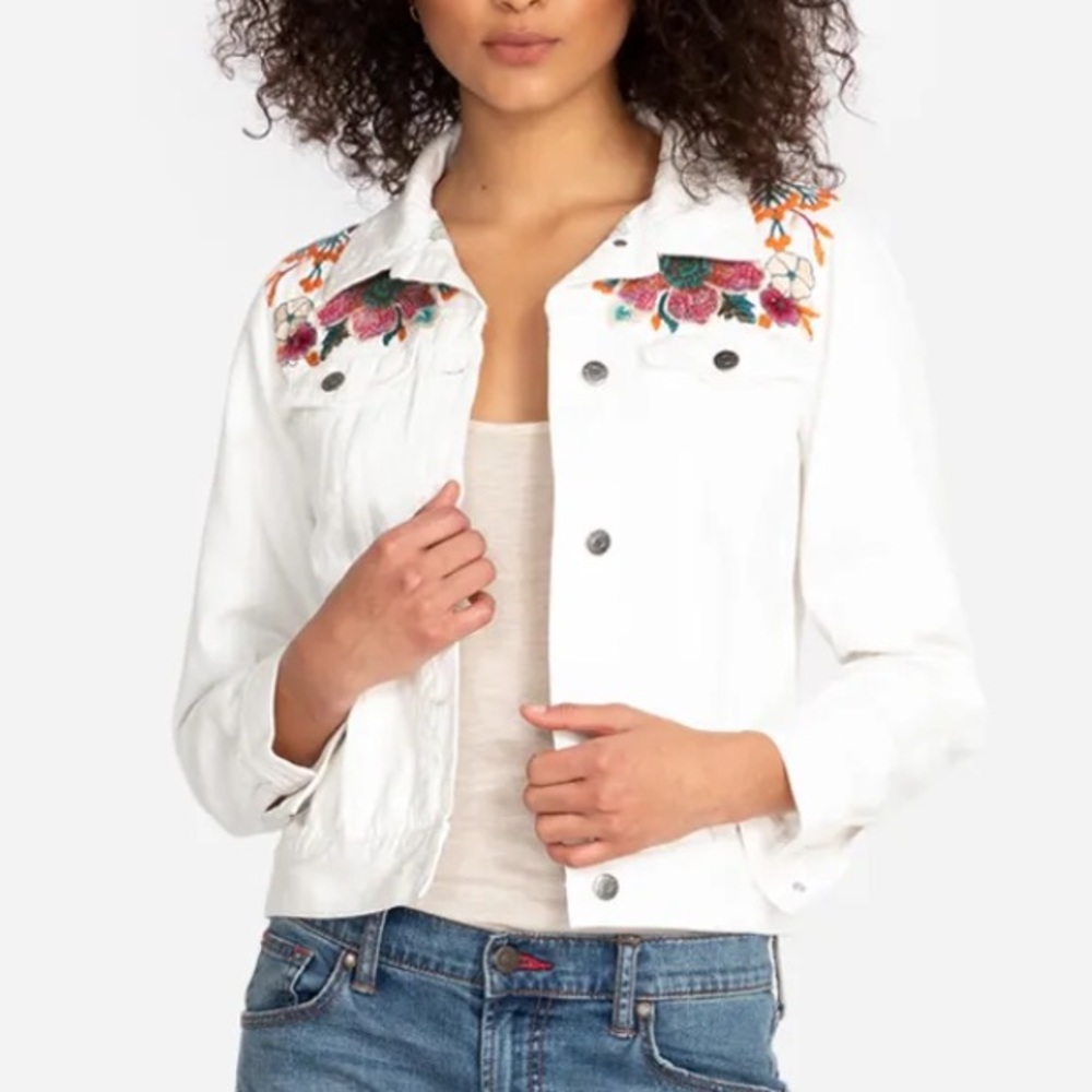 Johnny Was White Denim Jean Jacket with Multicolor Floral Embroidery